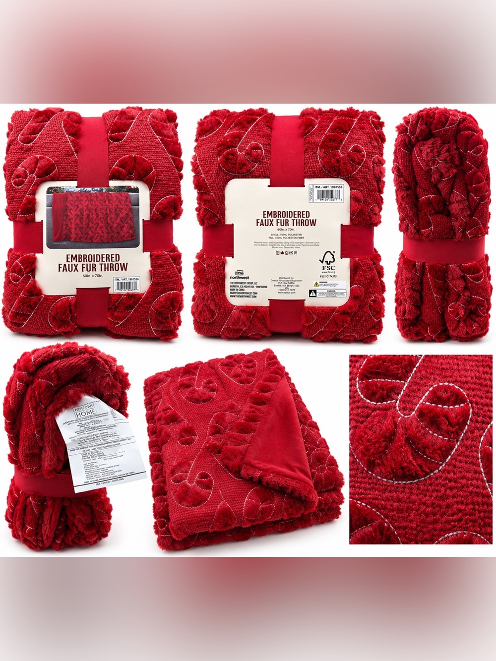 Northwest Embroidered Faux Fur Throw Blanket - Red